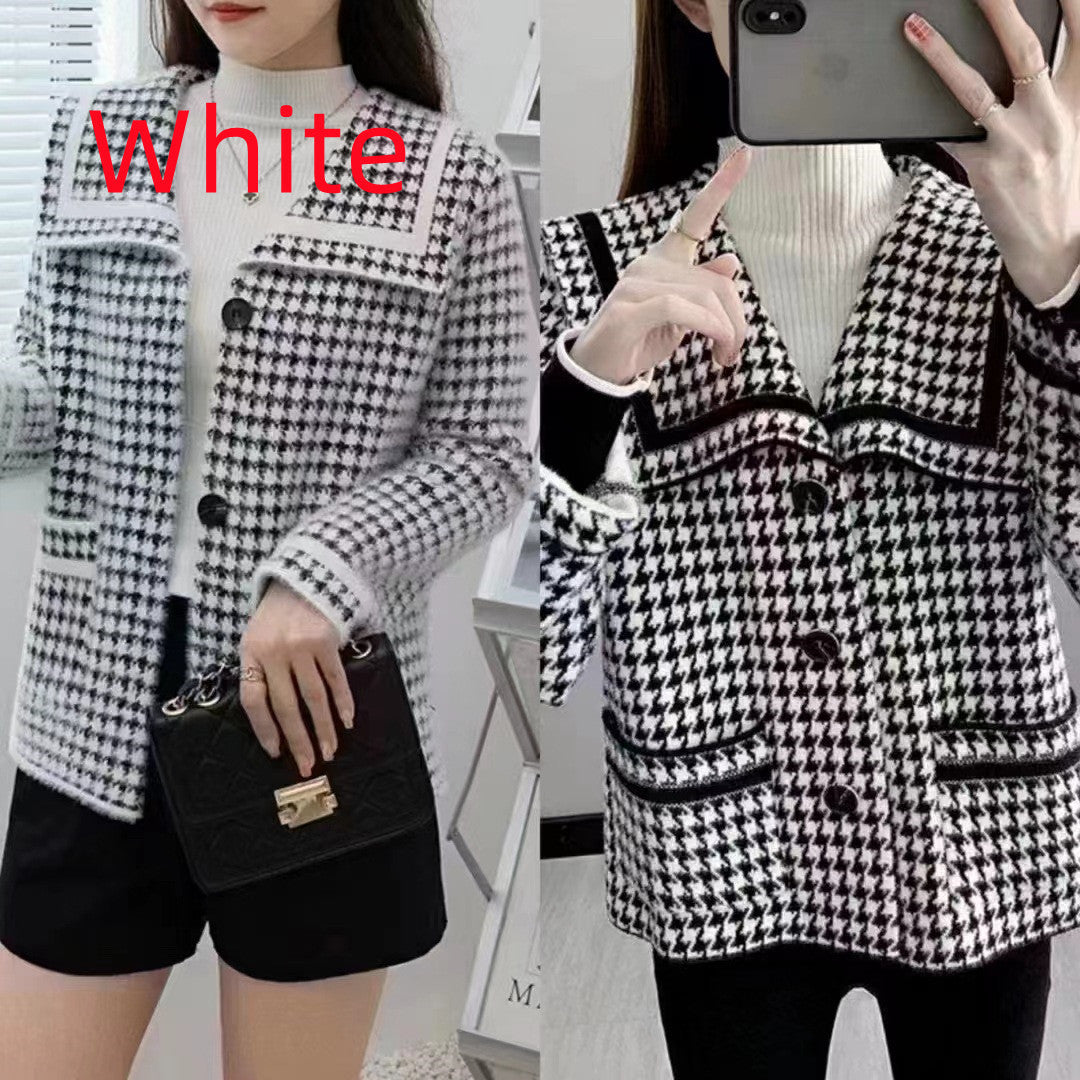 Ladies Houndstooth Small Fragrance Knit Cardigan Jacket