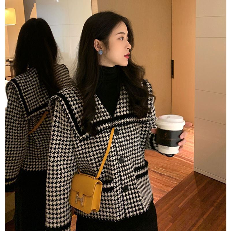 Ladies Houndstooth Small Fragrance Knit Cardigan Jacket