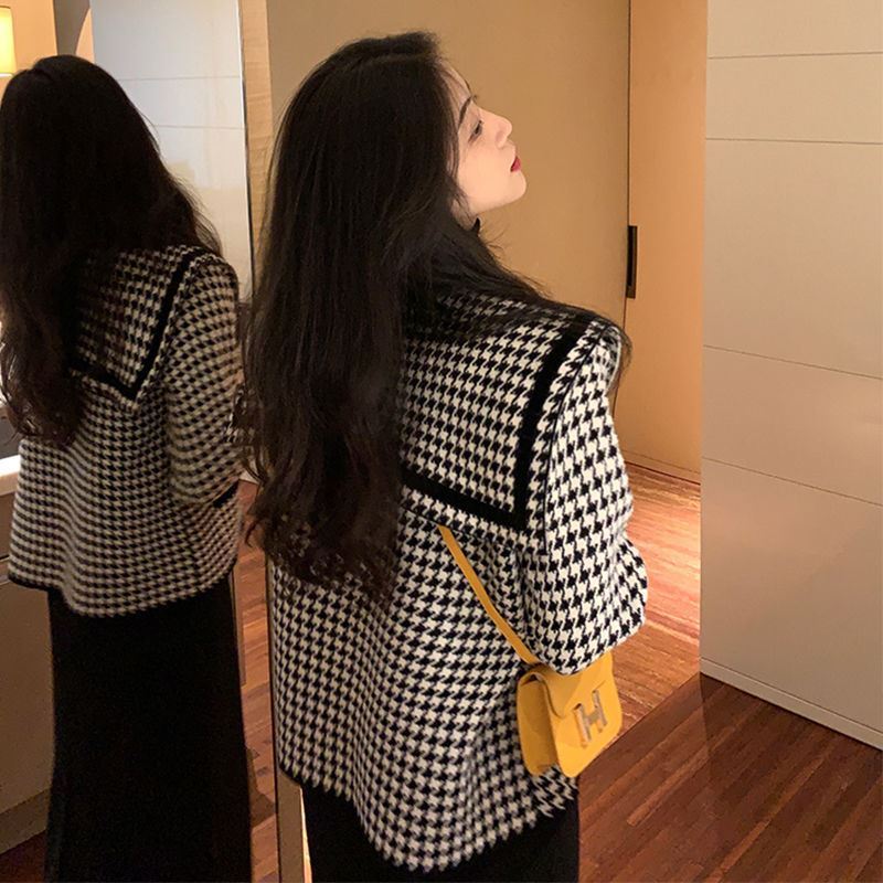 Ladies Houndstooth Small Fragrance Knit Cardigan Jacket