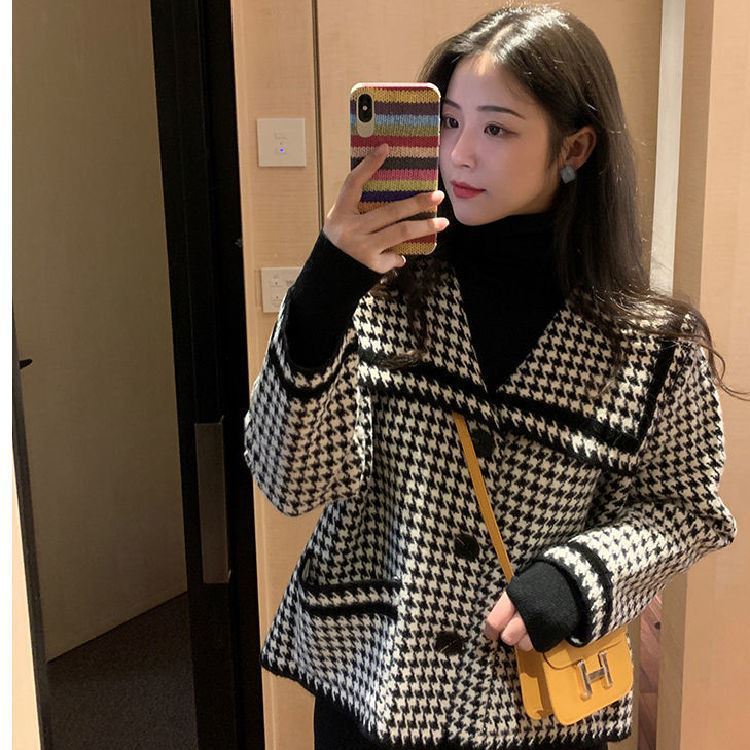 Ladies Houndstooth Small Fragrance Knit Cardigan Jacket