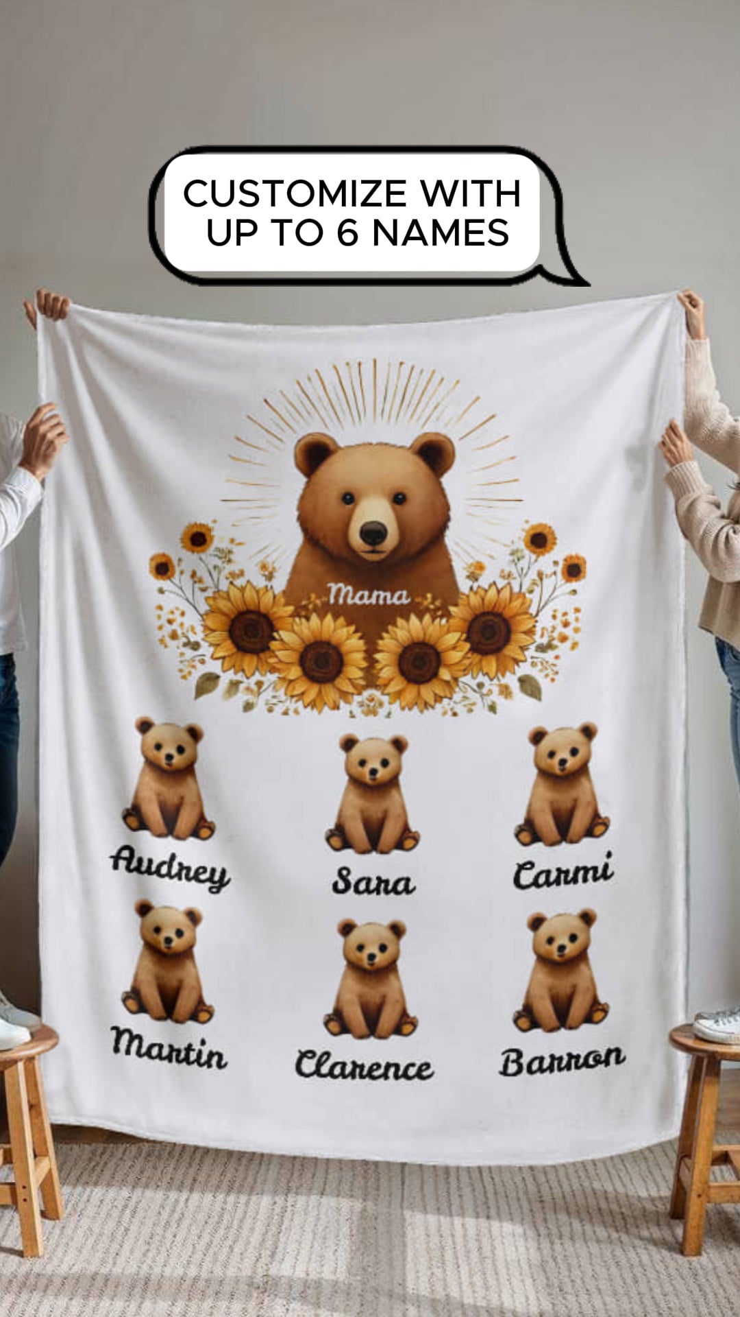 Personalized Mama Bear Sunflower Blanket  - Ideal For Mother's Day, Birthday, Anniversary