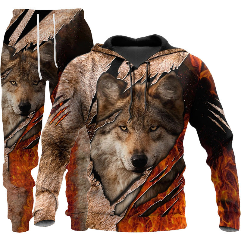 3D Wolf Print Tracksuit Men Sportswear Hooded Sweatsuit Two Piece Outdoors Running Fitness Men's Clothing Jogging Set