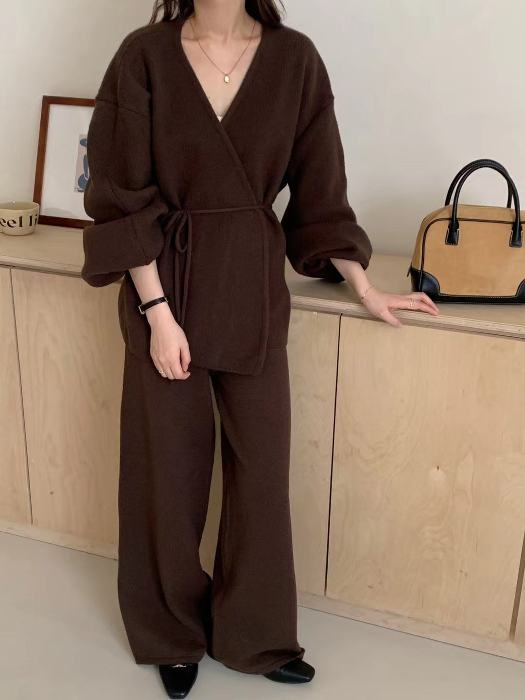 Women's Knitted Cardigan Wide-leg Pants Two-piece Suit