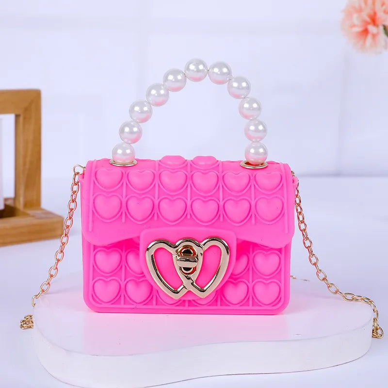 Silicone Love Bubble Jelly Bag, Popper Pressure Relieving Purse, Pop It Handbag With Faux Pearl Handle, Cute Chain Crossbody Bag