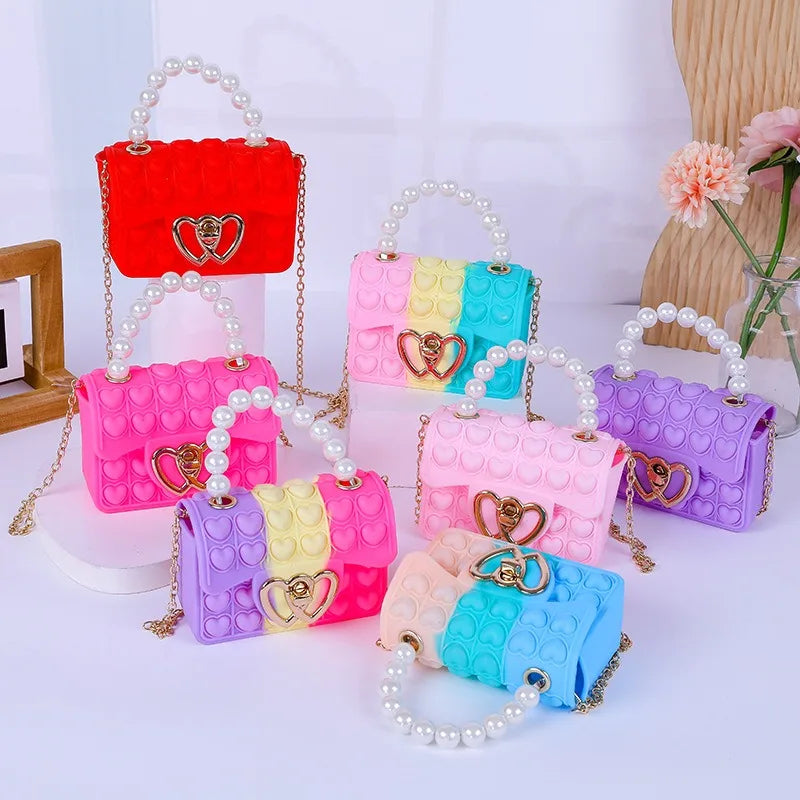 Silicone Love Bubble Jelly Bag, Popper Pressure Relieving Purse, Pop It Handbag With Faux Pearl Handle, Cute Chain Crossbody Bag