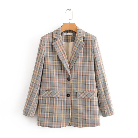 Korean style British style long plaid suit jacket