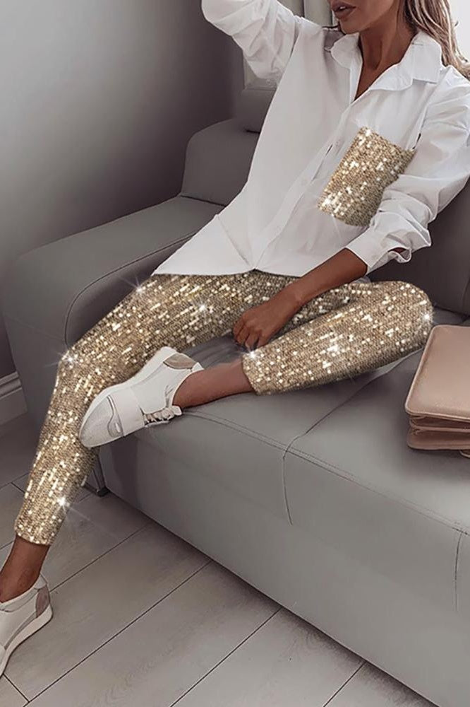 Women's shirt and pants two-piece stretch sequin suit