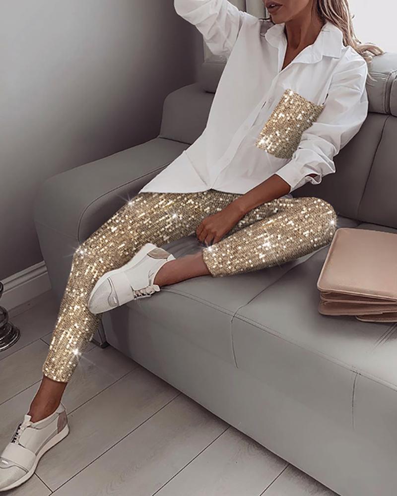 Women's shirt and pants two-piece stretch sequin suit