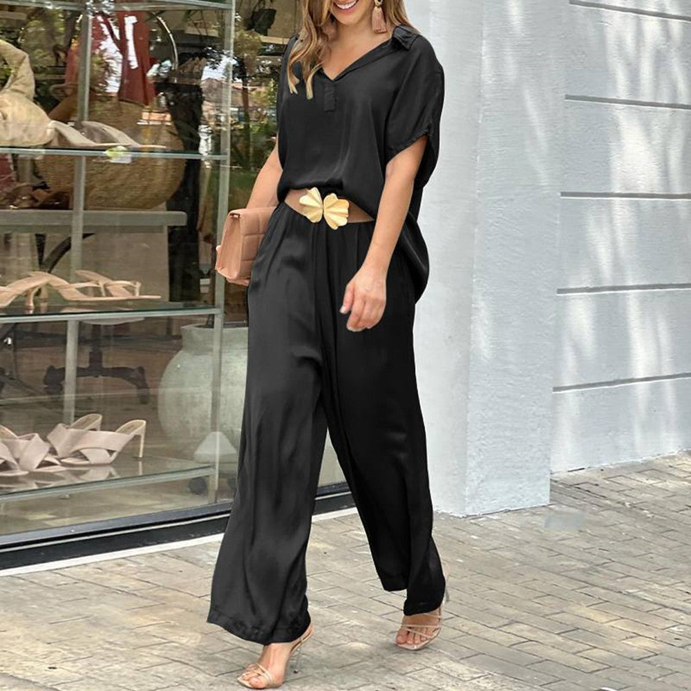 Ladies Elegant 2 Piece Shirts Wide Leg Pants Fashion