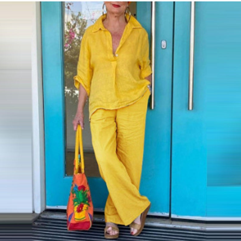 Lapel Top And Pants Two-piece Set For Women