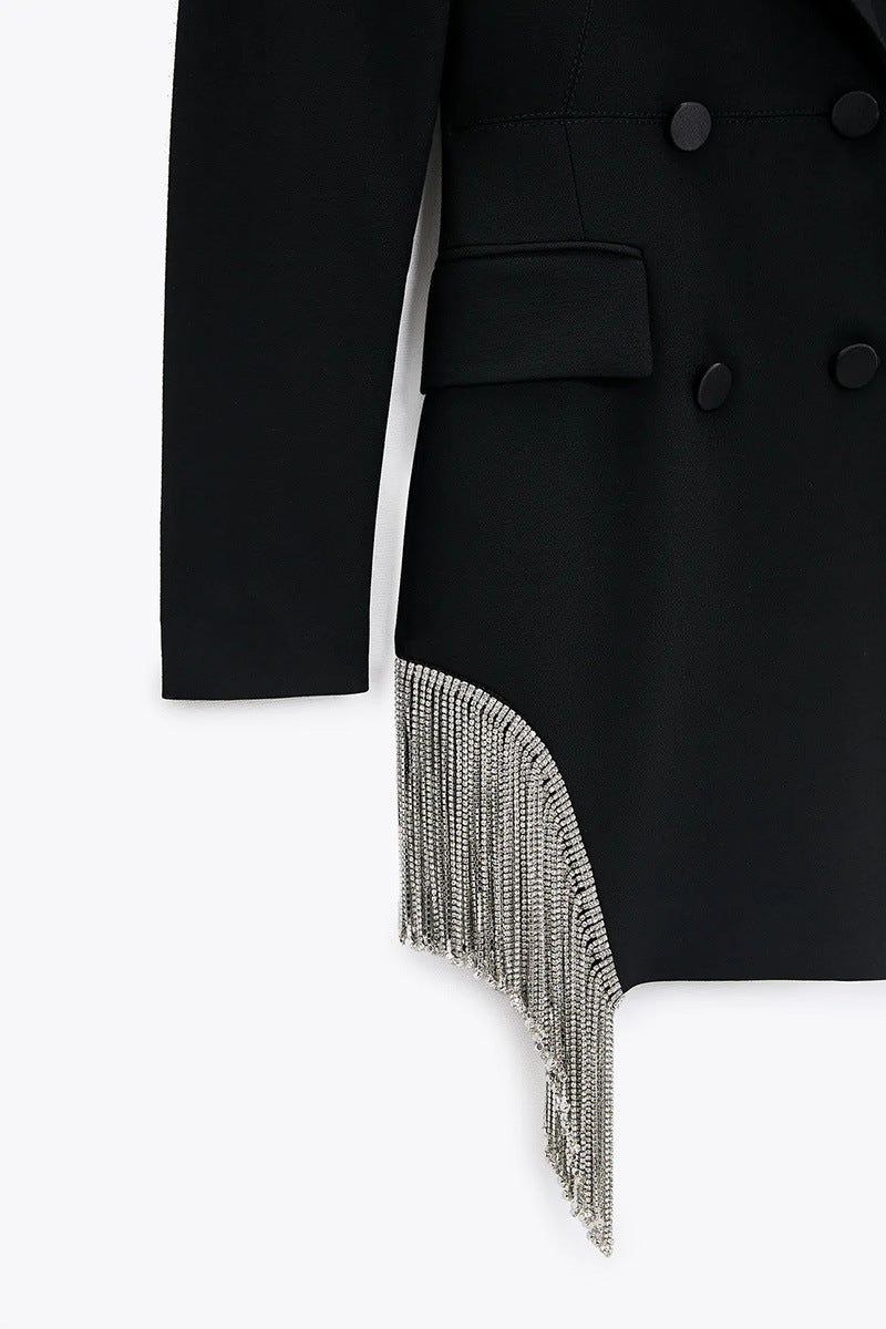 ZA Women Fashion Double-breasted Blazers Coat Vintage Long Sleeves Female Black Slim Tassel Drill Decoration Chic Outerwear