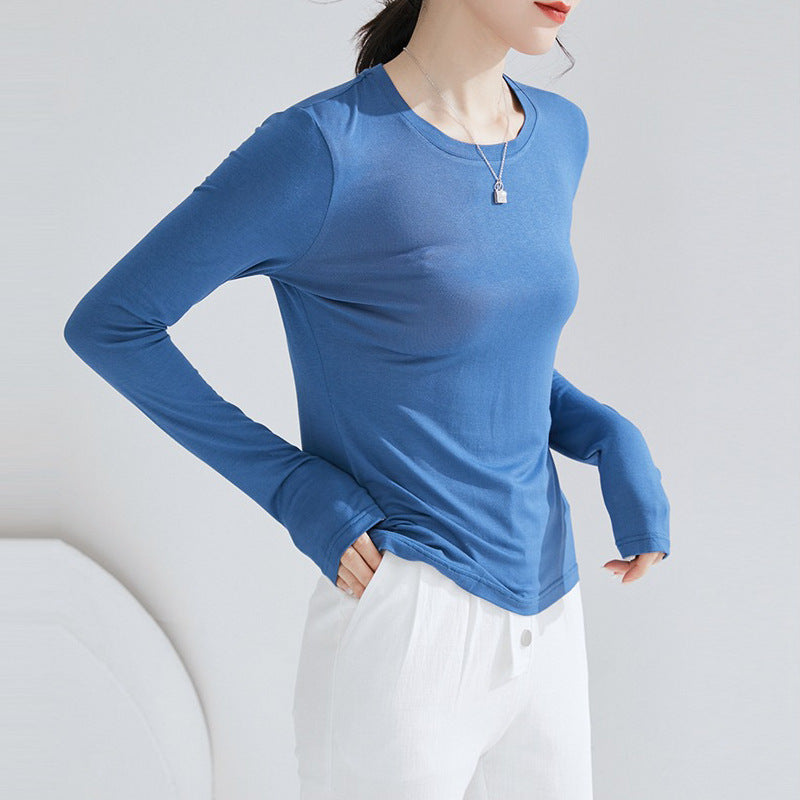 Basic Crew Neck Viscose Tops Women Slim Fitted Long Sleeve T Shirt Essential Shirts Solid Colors S to 2xl