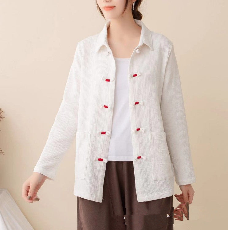 Painting continued large size cotton and linen hand-buttoned long-sleeved shirt womens spring and autumn retro Chinese Zen loose shirt top