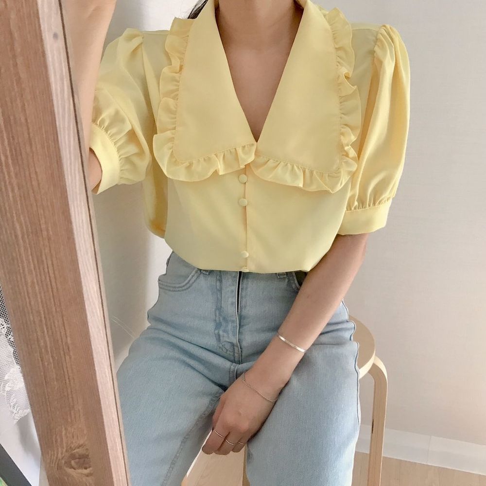 Sweet Short White Chiffon Blouse Women Ruffled Slim Women Shirt Tops Korean