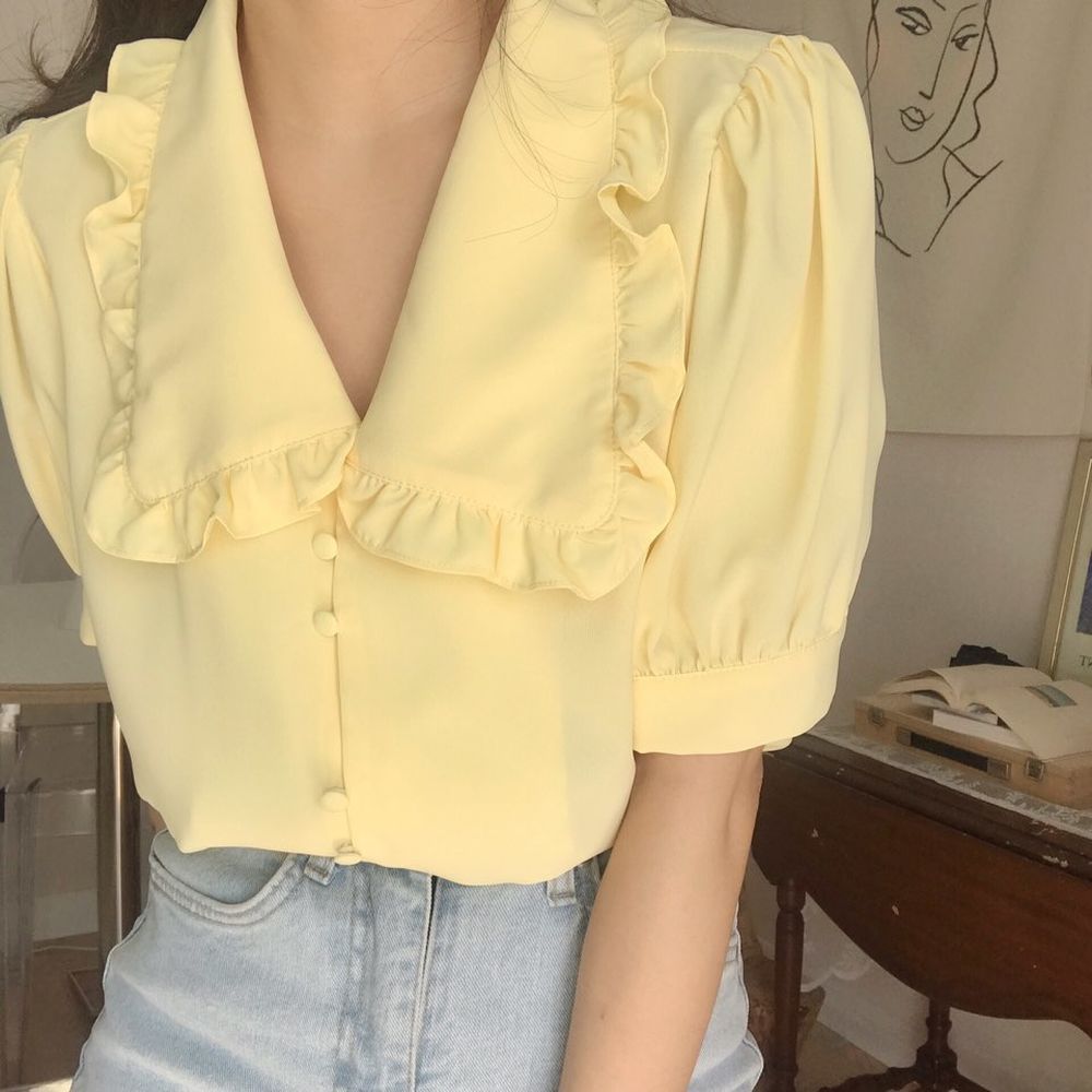 Sweet Short White Chiffon Blouse Women Ruffled Slim Women Shirt Tops Korean