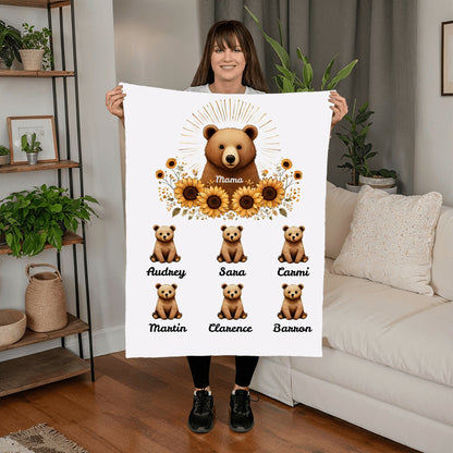 Personalized Mama Bear Sunflower Blanket  - Ideal For Mother's Day, Birthday, Anniversary