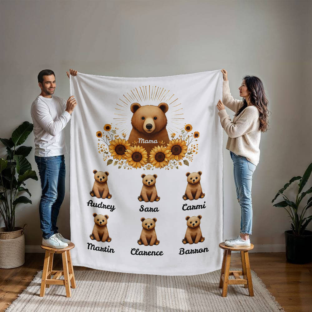 Personalized Mama Bear Sunflower Blanket  - Ideal For Mother's Day, Birthday, Anniversary