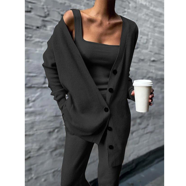 Knitted Three-Piece Women's New Coat Vest Pants Suit