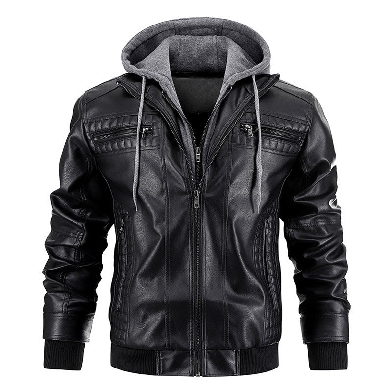 Hooded Jacket With Zipper Pockets Fashion Warm Pu Leather Coat Mens Clothing