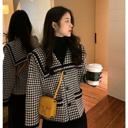 Ladies Houndstooth Small Fragrance Knit Cardigan Jacket