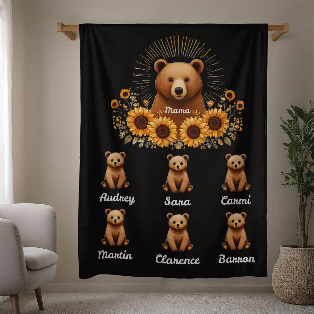 Personalized Mama Bear Sunflower Blanket  - Ideal For Mother's Day, Birthday, Anniversary