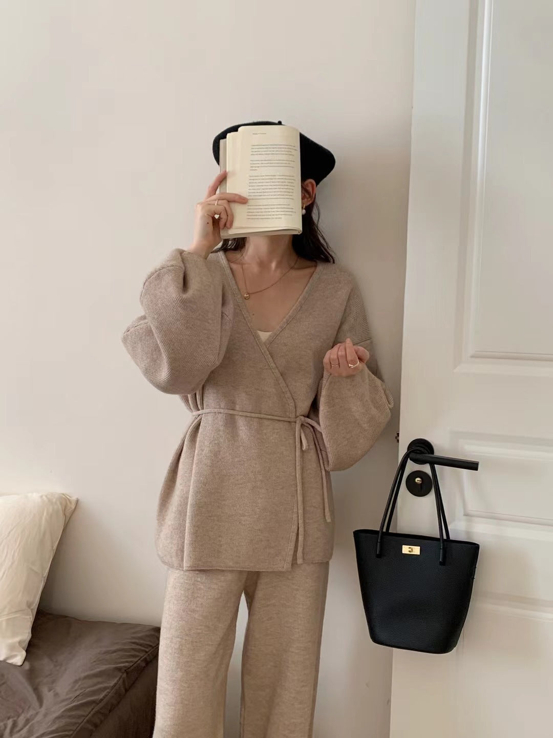 Women's Knitted Cardigan Wide-leg Pants Two-piece Suit