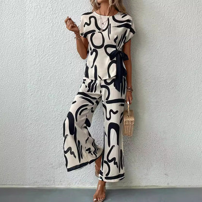 Women's Wide-leg Pants Short Sleeve Two-piece Suit