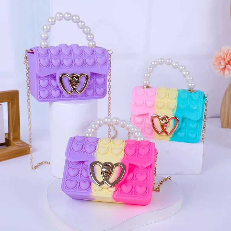 Silicone Love Bubble Jelly Bag, Popper Pressure Relieving Purse, Pop It Handbag With Faux Pearl Handle, Cute Chain Crossbody Bag