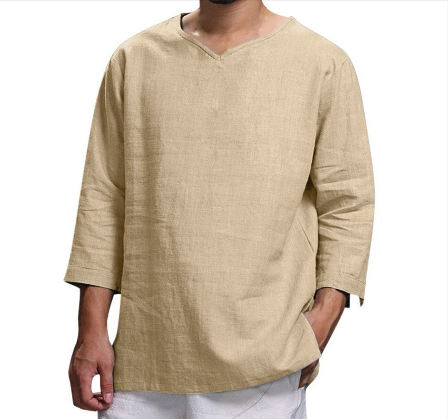 Loose Casual V-neck Top Cotton And Linen Long Sleeve Pullover Shirt Mens Clothing