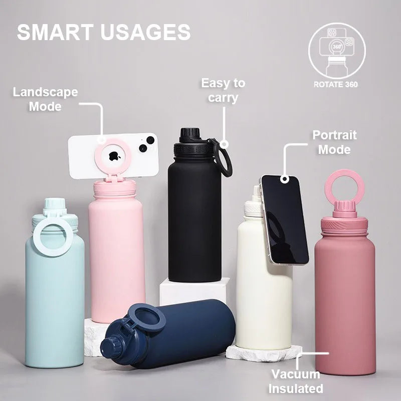 Insulated Bottle Water Bottle with Rotating Phone Holder Thermal Water Cup Thermal Mug for Outdoor Sports