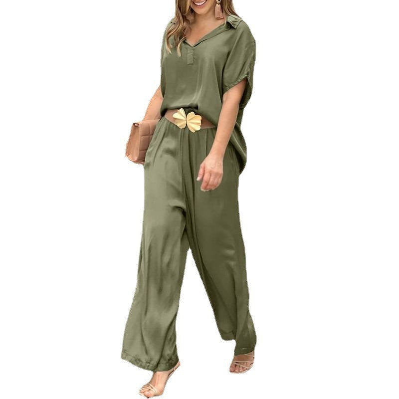 Ladies Elegant 2 Piece Shirts Wide Leg Pants Fashion