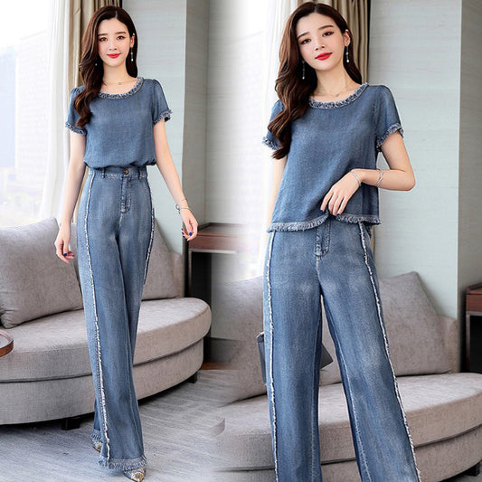 Fashion Slim Denim Wide Leg Pants Two-piece Women