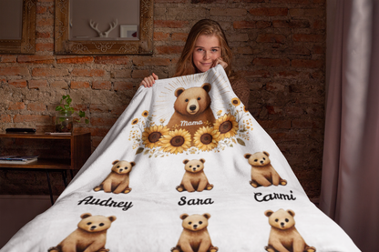 Personalized Mama Bear Sunflower Blanket  - Ideal For Mother's Day, Birthday, Anniversary