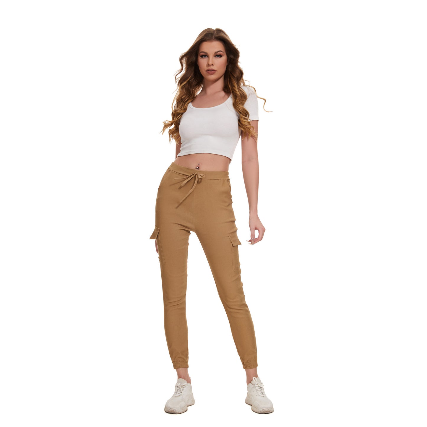 Multi-pocket Work Elegant Casual Elastic Waist Lace Up Pants