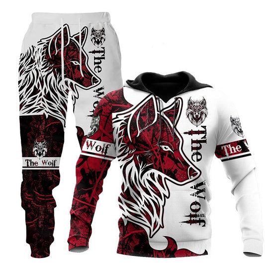 3D Wolf Print Tracksuit Men Sportswear Hooded Sweatsuit Two Piece Outdoors Running Fitness Men's Clothing Jogging Set