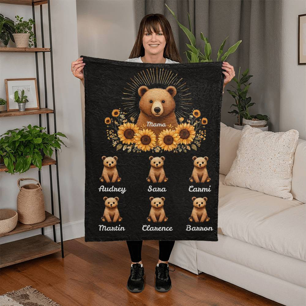 Personalized Mama Bear Sunflower Blanket  - Ideal For Mother's Day, Birthday, Anniversary