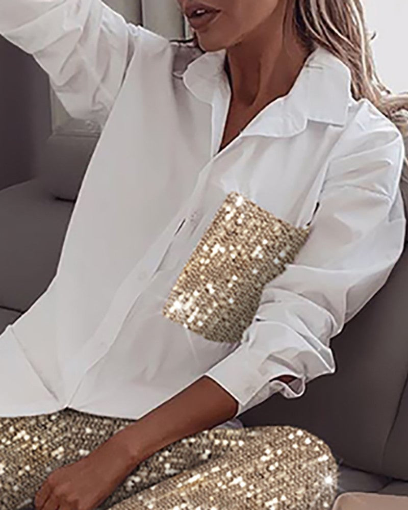 Women's shirt and pants two-piece stretch sequin suit