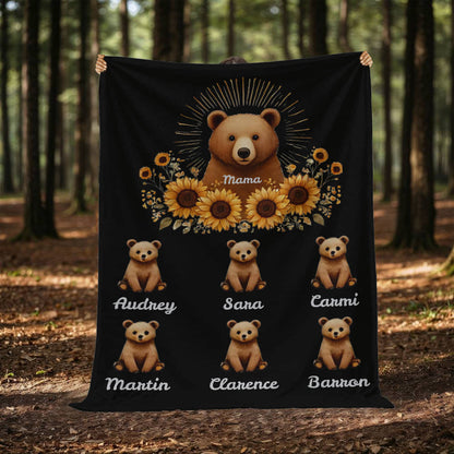 Personalized Mama Bear Sunflower Blanket  - Ideal For Mother's Day, Birthday, Anniversary