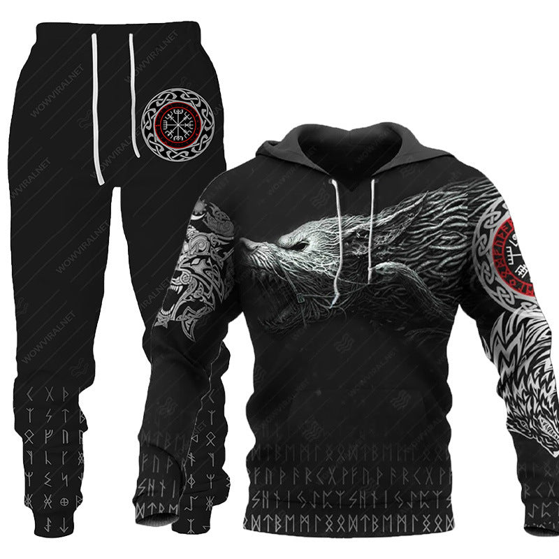 3D Wolf Print Tracksuit Men Sportswear Hooded Sweatsuit Two Piece Outdoors Running Fitness Men's Clothing Jogging Set