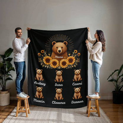 Personalized Mama Bear Sunflower Blanket  - Ideal For Mother's Day, Birthday, Anniversary