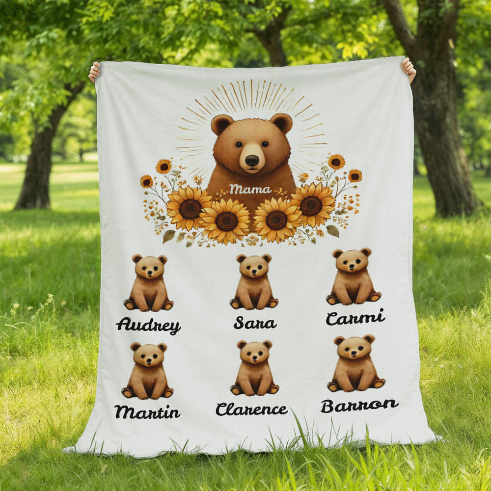 Personalized Mama Bear Sunflower Blanket  - Ideal For Mother's Day, Birthday, Anniversary