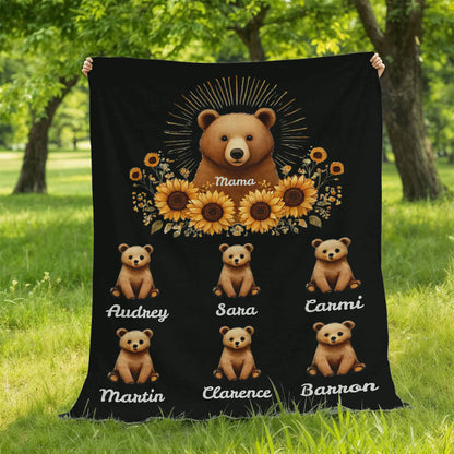 Personalized Mama Bear Sunflower Blanket  - Ideal For Mother's Day, Birthday, Anniversary