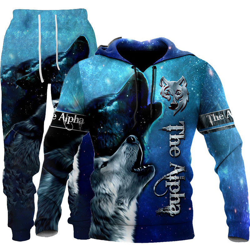 3D Wolf Print Tracksuit Men Sportswear Hooded Sweatsuit Two Piece Outdoors Running Fitness Men's Clothing Jogging Set