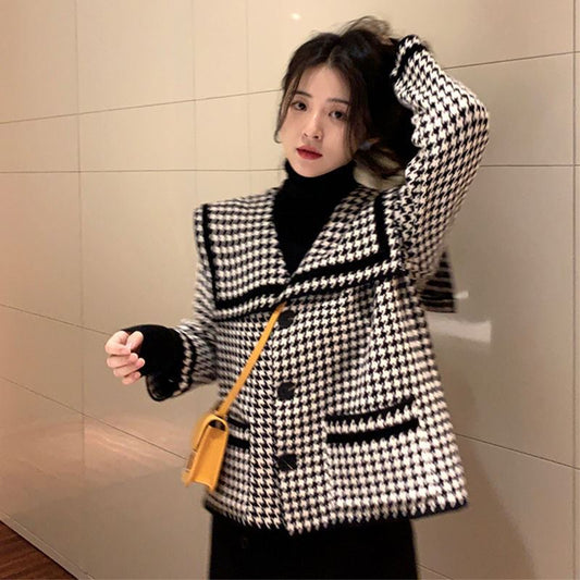 Ladies Houndstooth Small Fragrance Knit Cardigan Jacket