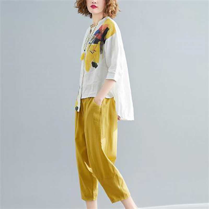 Women's Loose Shirt Ninth Pants Two Piece Set