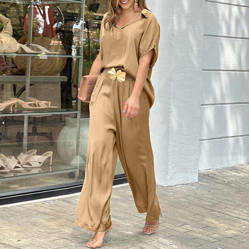 Ladies Elegant 2 Piece Shirts Wide Leg Pants Fashion