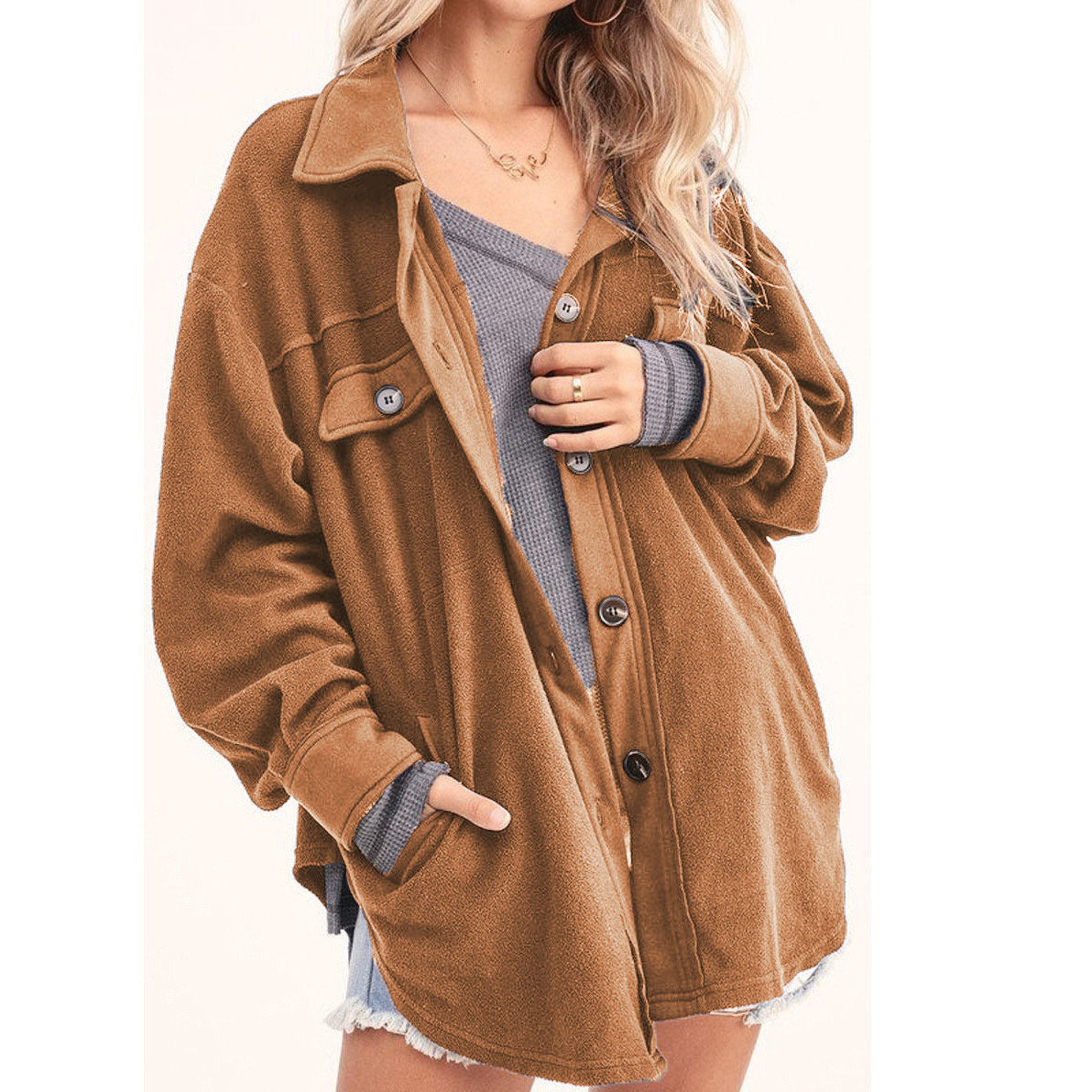 Fashion Women's Lapel Polar Fleece Breasted Cardigan Jacket Shirt