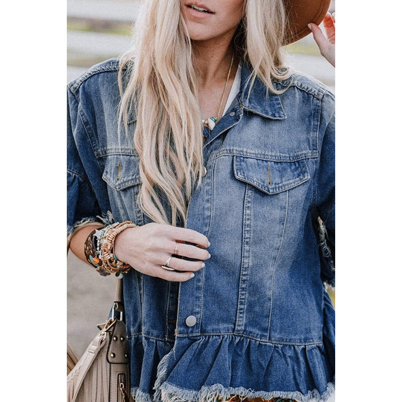 Ruffled Short Sleeves Tops For Women Loose Denim Jacket