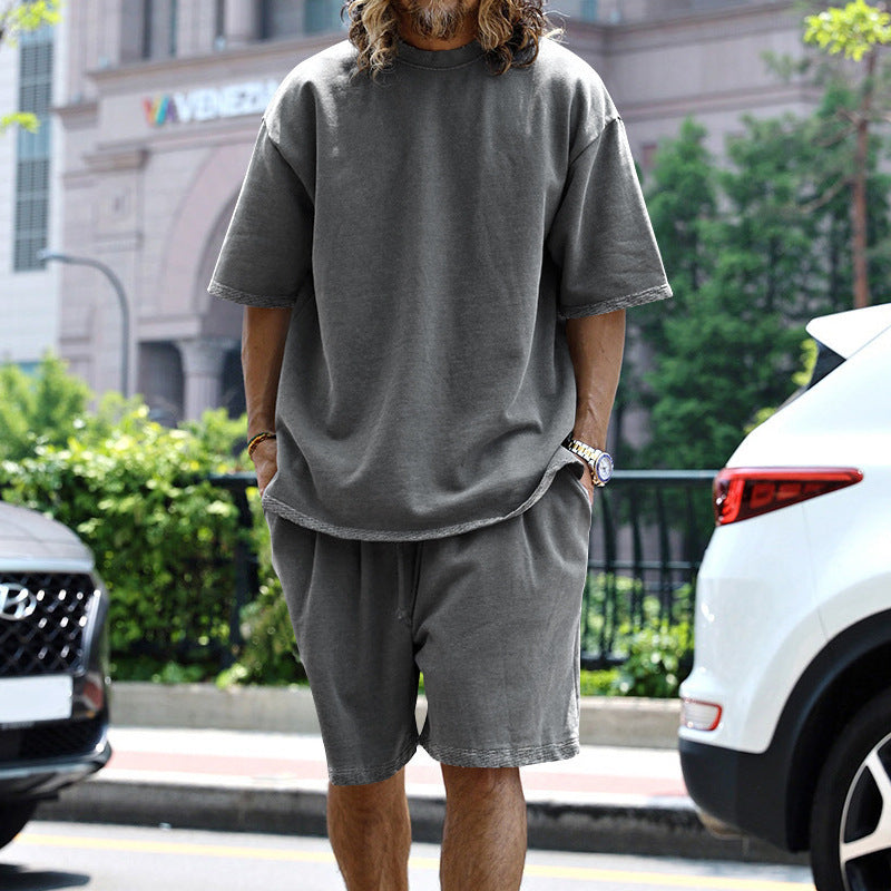 2pcs Loose Sports Suits Summer Round Neck Short-sleeved T-shirt And Drawstring Pockets Shorts Casual Solid Color Set Mens Clothing