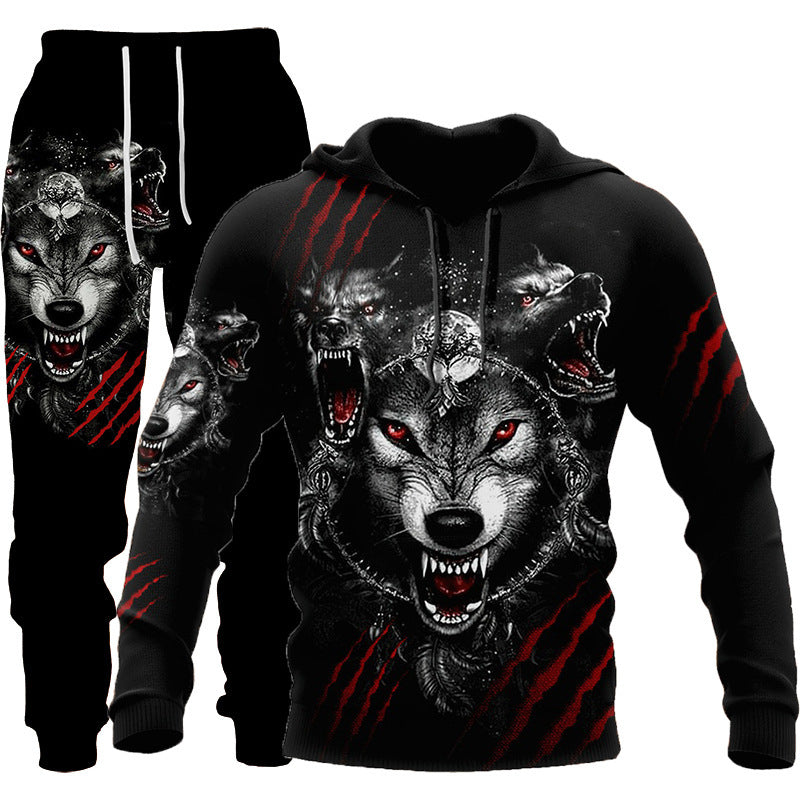 3D Wolf Print Tracksuit Men Sportswear Hooded Sweatsuit Two Piece Outdoors Running Fitness Men's Clothing Jogging Set